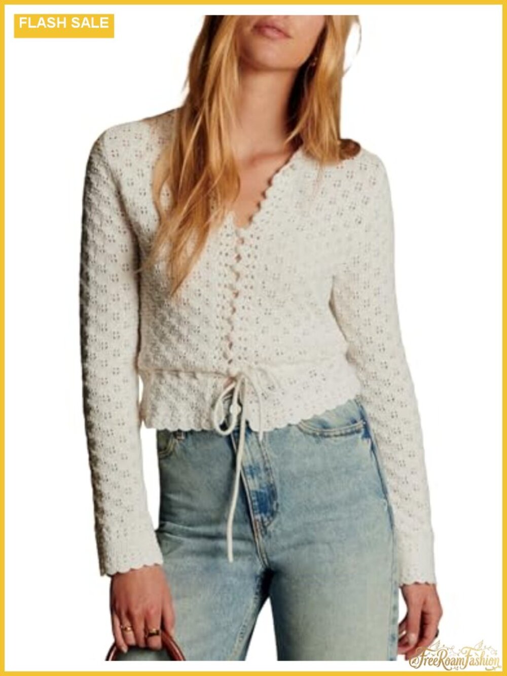 Crochet Knit Tie Front Cardigan Long Sleeve Crewneck Lightweight